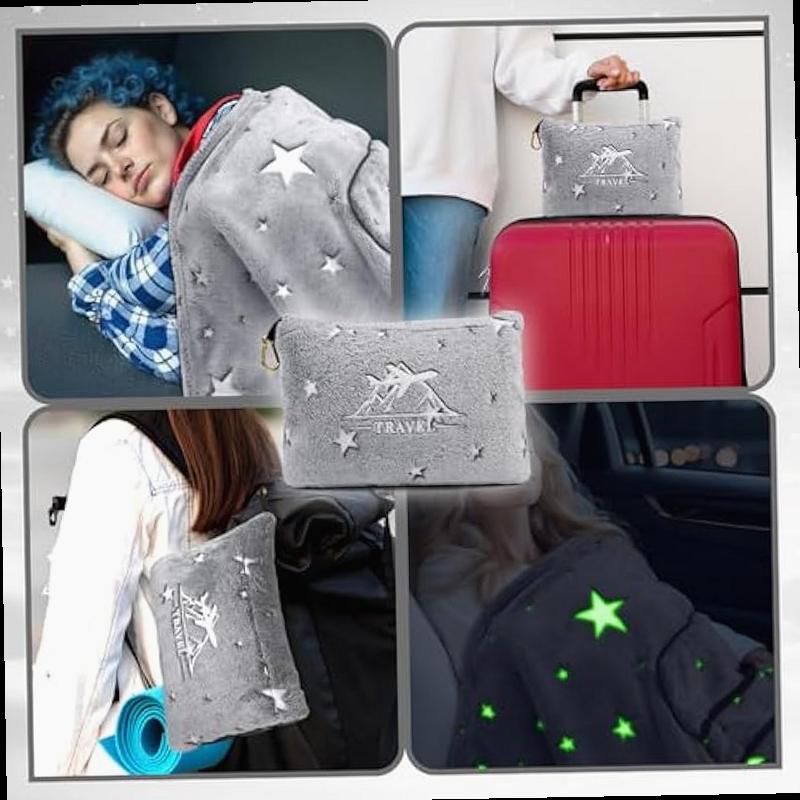 2 in 1 Travel Blanket Pillow Airplane Set Small Travel Blanket and Pillow Set Airplane Compact for Kids Glow in The Dark Space Star Blanket Birthday Gifts for Kids Boys Girls 40 60 Inches