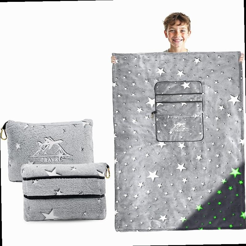 2 in 1 Travel Blanket Pillow Airplane Set Small Travel Blanket and Pillow Set Airplane Compact for Kids Glow in The Dark Space Star Blanket Birthday Gifts for Kids Boys Girls 40 60 Inches