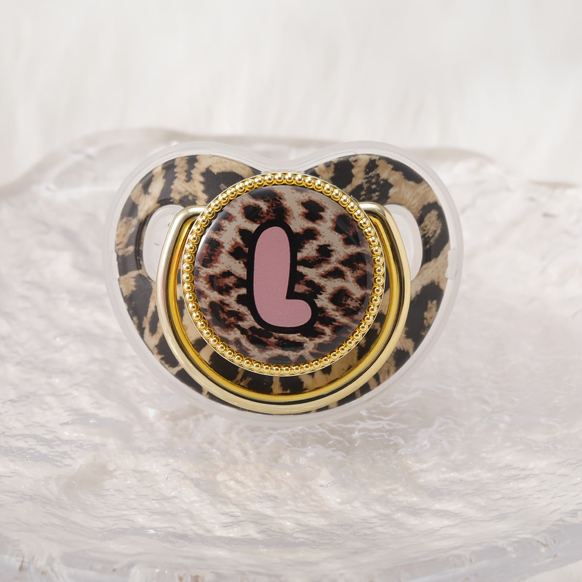 Golden Leopard Print Letter Pacifier with Dust-Proof Lid - Soft Silicone, Phthalate-Free, Safe & Comfortable Baby Teether for Boys & Girls - Multiple Alphabet Choices, Ideal Infant Gift, Toddler Pacifier, Playful Baby Accessory, Phthalatefree Pacifier