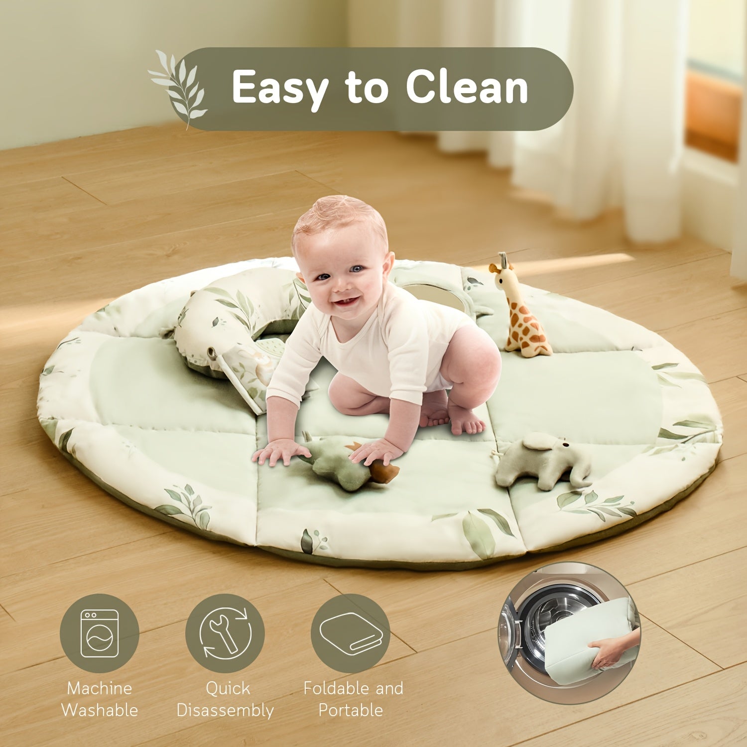 Fortella Baby Play Gym & Activity Mat, Tummy Time Mat w 5 Detachable Toys and Pillow, Large Sensory Playmat for Floor, Newborn Infant Baby Essentials Shower Gift 0-3-6-9-12 Months (Sage Green)