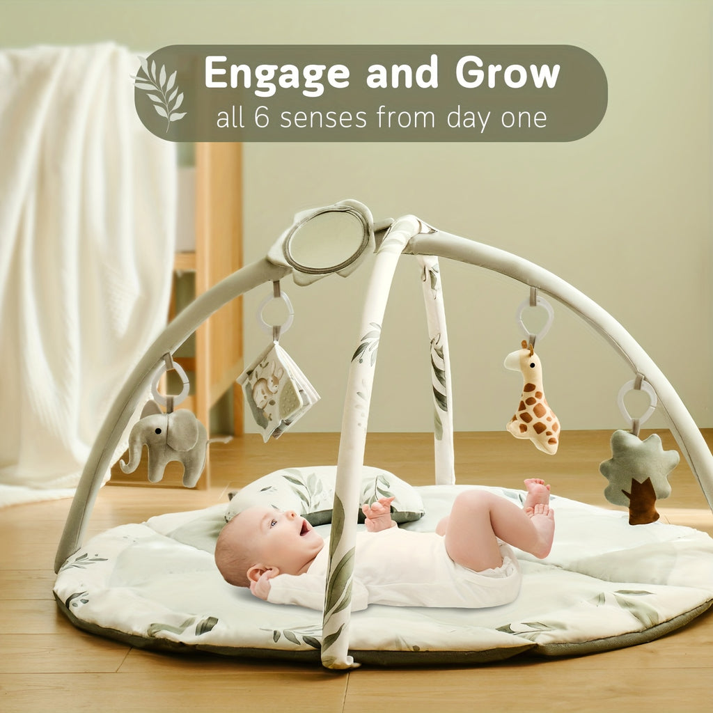 Fortella Baby Play Gym & Activity Mat, Tummy Time Mat w 5 Detachable Toys and Pillow, Large Sensory Playmat for Floor, Newborn Infant Baby Essentials Shower Gift 0-3-6-9-12 Months (Sage Green)