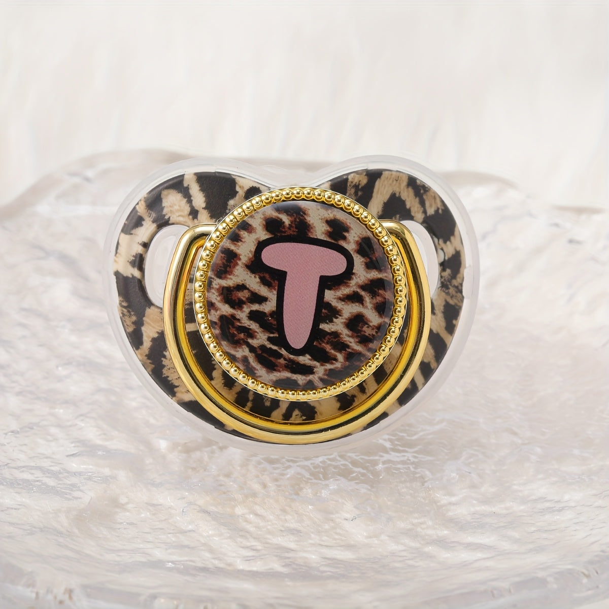 Golden Leopard Print Letter Pacifier with Dust-Proof Lid - Soft Silicone, Phthalate-Free, Safe & Comfortable Baby Teether for Boys & Girls - Multiple Alphabet Choices, Ideal Infant Gift, Toddler Pacifier, Playful Baby Accessory, Phthalatefree Pacifier