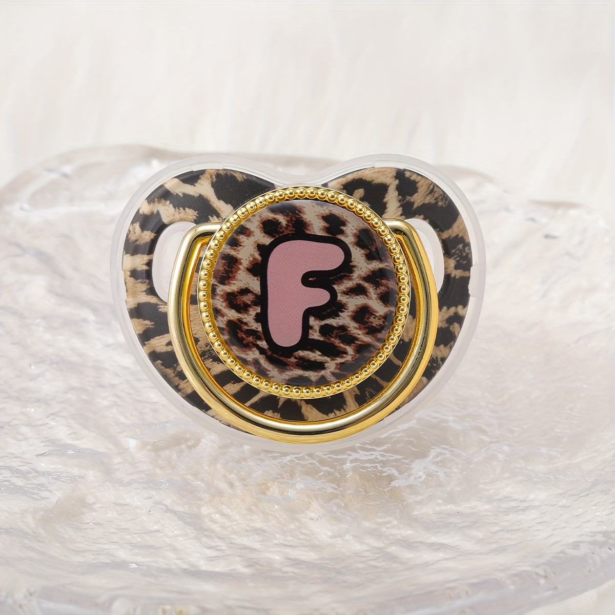 Golden Leopard Print Letter Pacifier with Dust-Proof Lid - Soft Silicone, Phthalate-Free, Safe & Comfortable Baby Teether for Boys & Girls - Multiple Alphabet Choices, Ideal Infant Gift, Toddler Pacifier, Playful Baby Accessory, Phthalatefree Pacifier