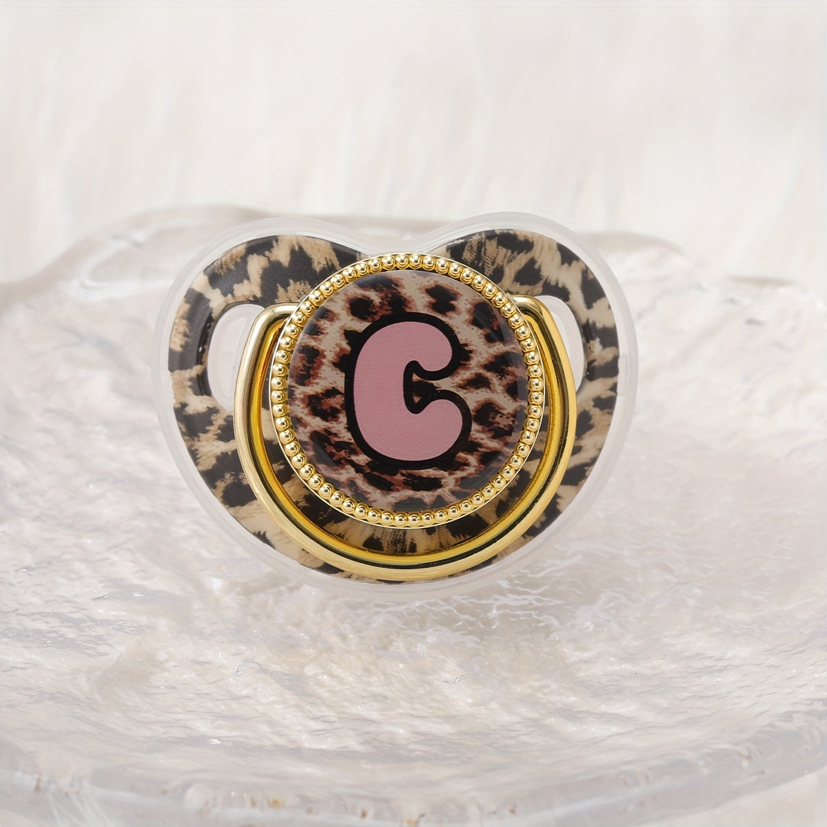 Golden Leopard Print Letter Pacifier with Dust-Proof Lid - Soft Silicone, Phthalate-Free, Safe & Comfortable Baby Teether for Boys & Girls - Multiple Alphabet Choices, Ideal Infant Gift, Toddler Pacifier, Playful Baby Accessory, Phthalatefree Pacifier