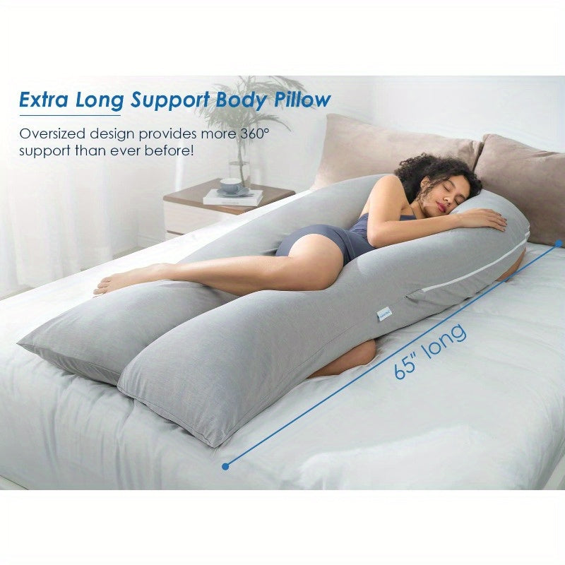 Extra Long U-Shaped Body Pillow for Sleeping - 65 Inch Full Body Support Maternity Pillow for Adults, Back Hip Legs Support, Pregnant Women, Grey, Comfortable Sleeping, Ergonomic Design, Durable Fabric