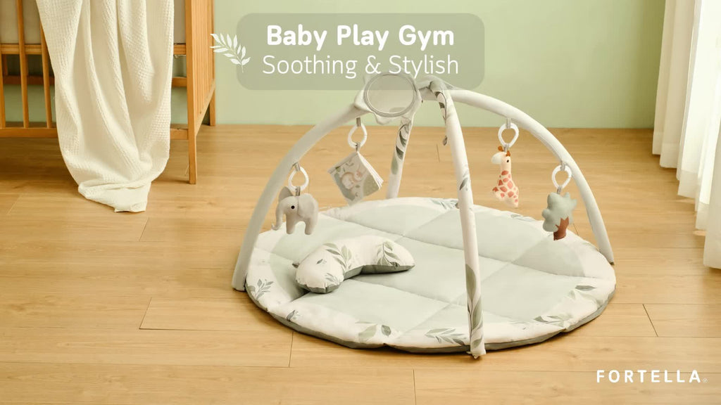 Fortella Baby Play Gym & Activity Mat, Tummy Time Mat w 5 Detachable Toys and Pillow, Large Sensory Playmat for Floor, Newborn Infant Baby Essentials Shower Gift 0-3-6-9-12 Months (Sage Green)