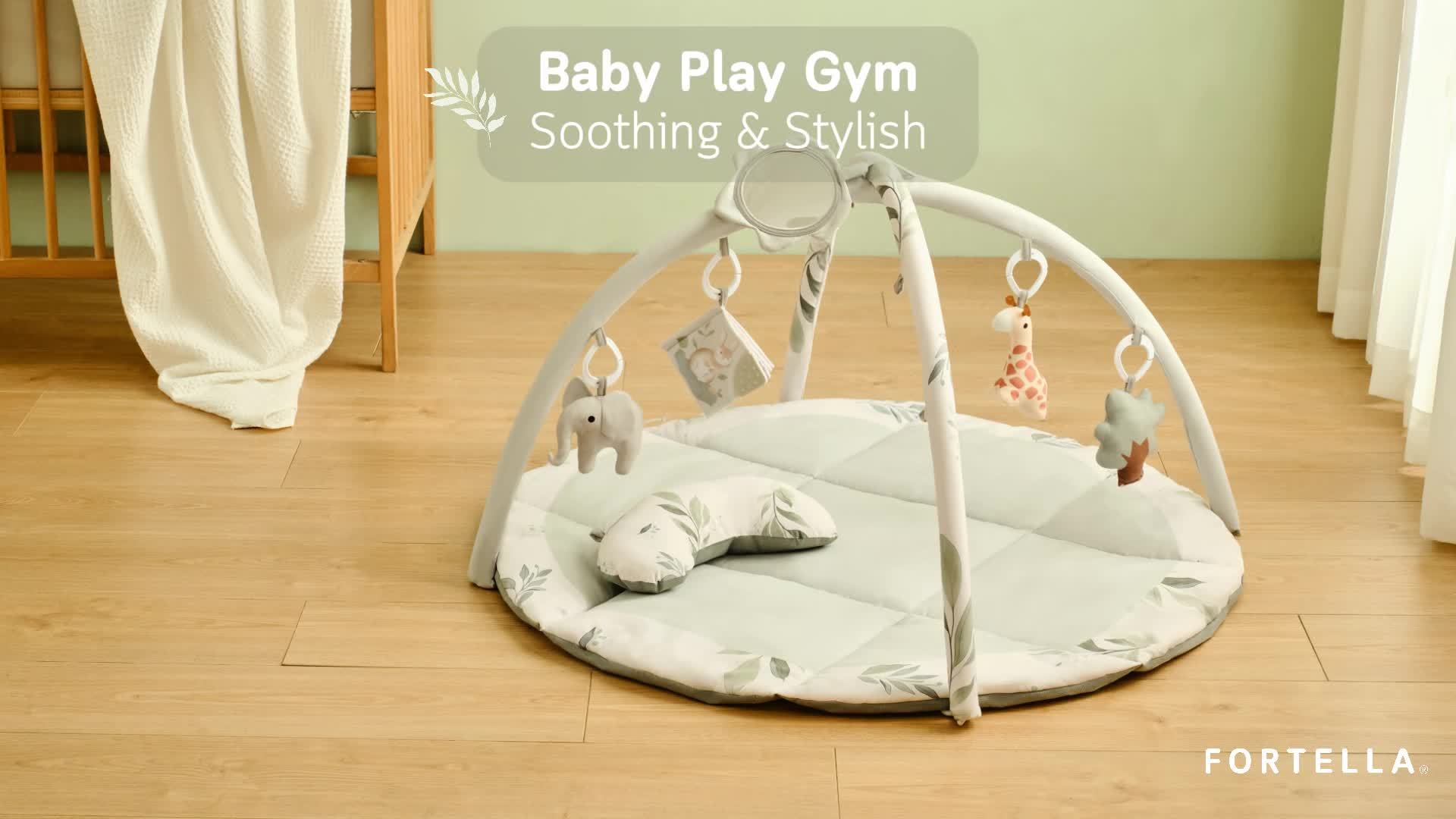 Fortella Baby Play Gym & Activity Mat, Tummy Time Mat w 5 Detachable Toys and Pillow, Large Sensory Playmat for Floor, Newborn Infant Baby Essentials Shower Gift 0-3-6-9-12 Months (Sage Green)