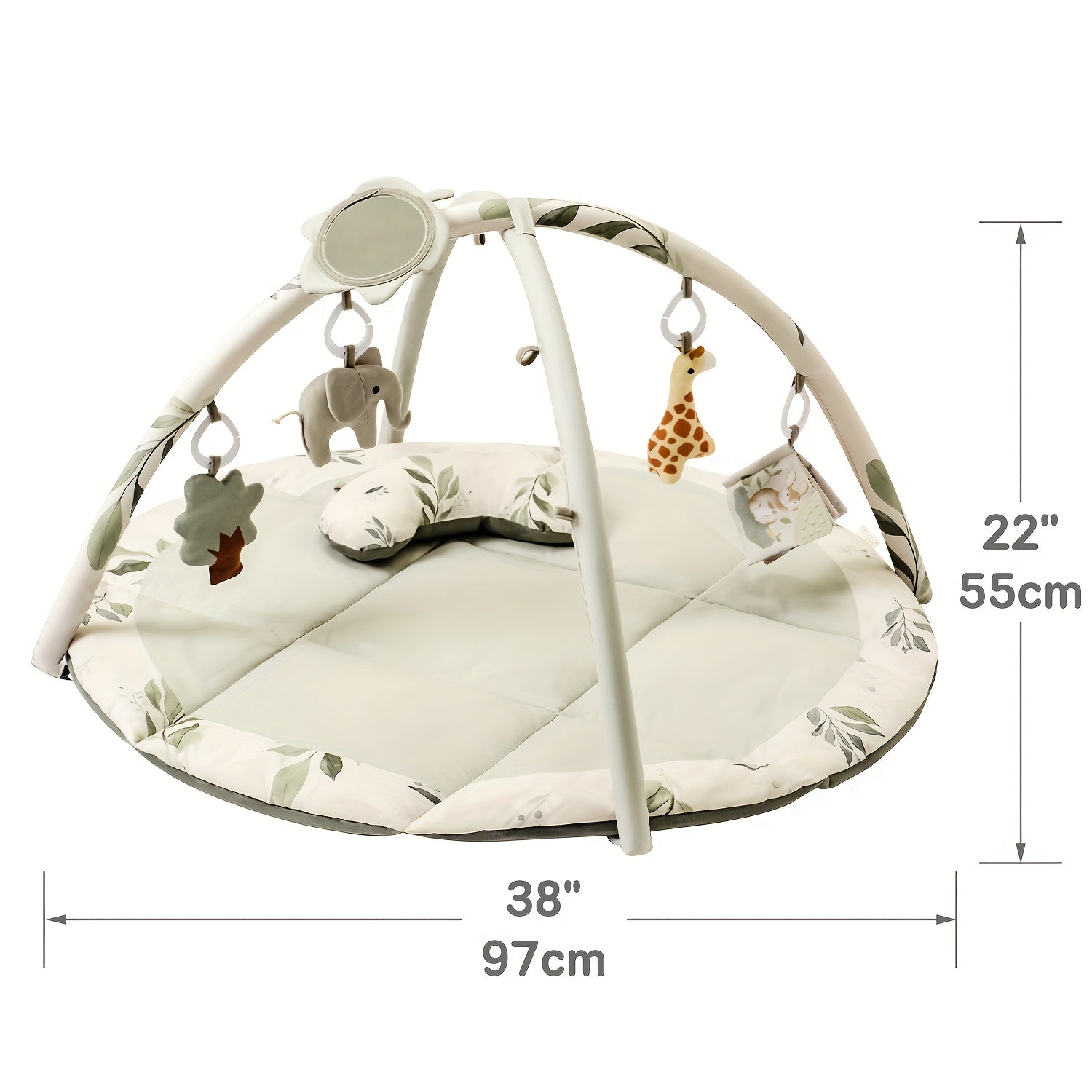 Fortella Baby Play Gym & Activity Mat, Tummy Time Mat w 5 Detachable Toys and Pillow, Large Sensory Playmat for Floor, Newborn Infant Baby Essentials Shower Gift 0-3-6-9-12 Months (Sage Green)