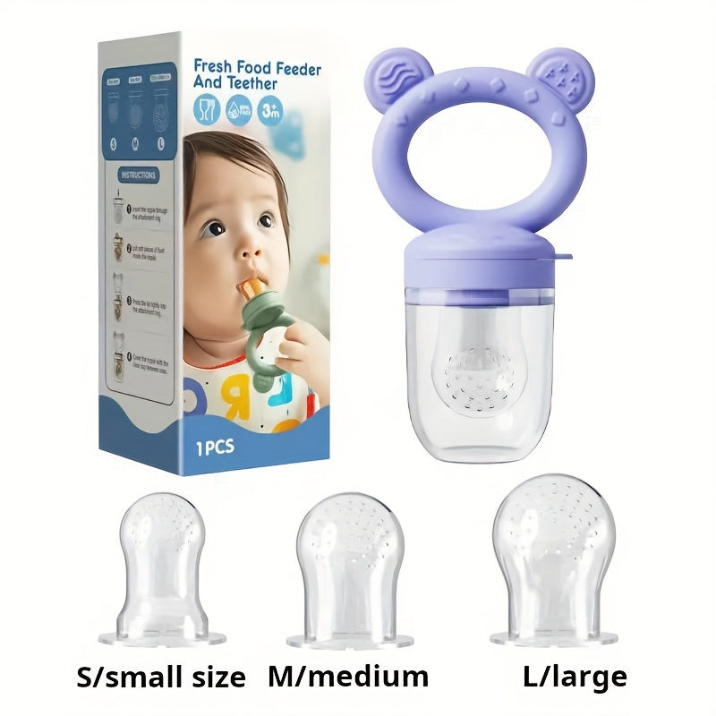 1pc Food Grade Silicone Teether & Fruit Vegetable Feeder with 3 Size Mesh Bags - Soft Chewable Complementary Food Kit, Christmas Halloween Gift (Pink Purple Blue), Feeding Tool, Babyfriendly Design, Nontoxic Material, New Parents, Moms