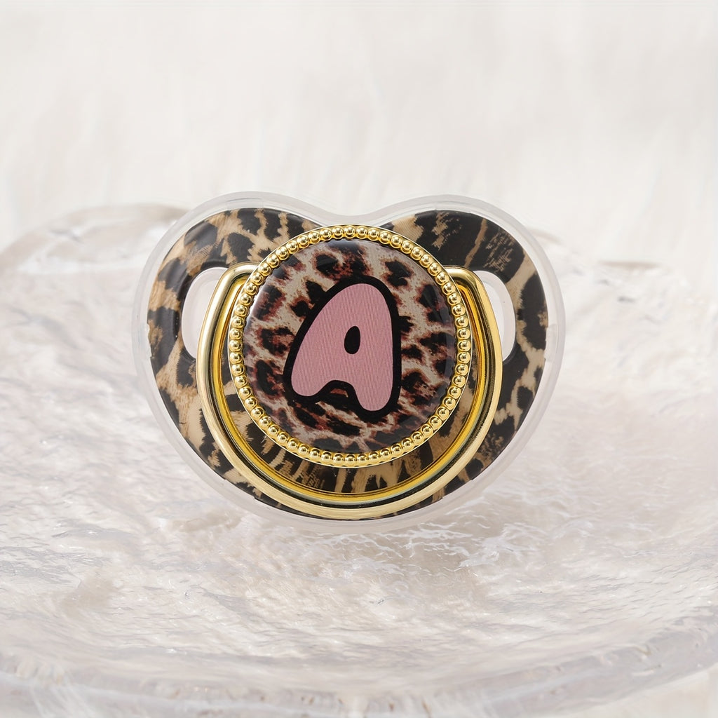 Golden Leopard Print Letter Pacifier with Dust-Proof Lid - Soft Silicone, Phthalate-Free, Safe & Comfortable Baby Teether for Boys & Girls - Multiple Alphabet Choices, Ideal Infant Gift, Toddler Pacifier, Playful Baby Accessory, Phthalatefree Pacifier