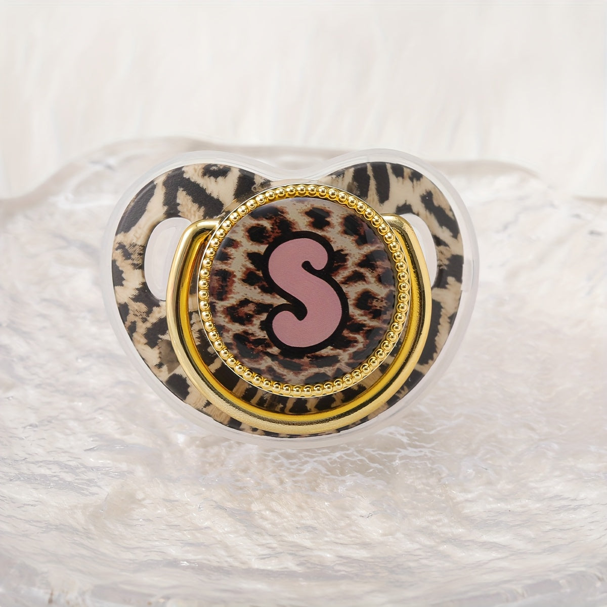 Golden Leopard Print Letter Pacifier with Dust-Proof Lid - Soft Silicone, Phthalate-Free, Safe & Comfortable Baby Teether for Boys & Girls - Multiple Alphabet Choices, Ideal Infant Gift, Toddler Pacifier, Playful Baby Accessory, Phthalatefree Pacifier