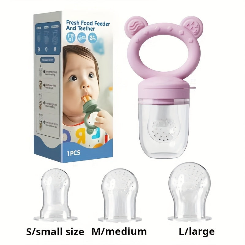 1pc Food Grade Silicone Teether & Fruit Vegetable Feeder with 3 Size Mesh Bags - Soft Chewable Complementary Food Kit, Christmas Halloween Gift (Pink Purple Blue), Feeding Tool, Babyfriendly Design, Nontoxic Material, New Parents, Moms