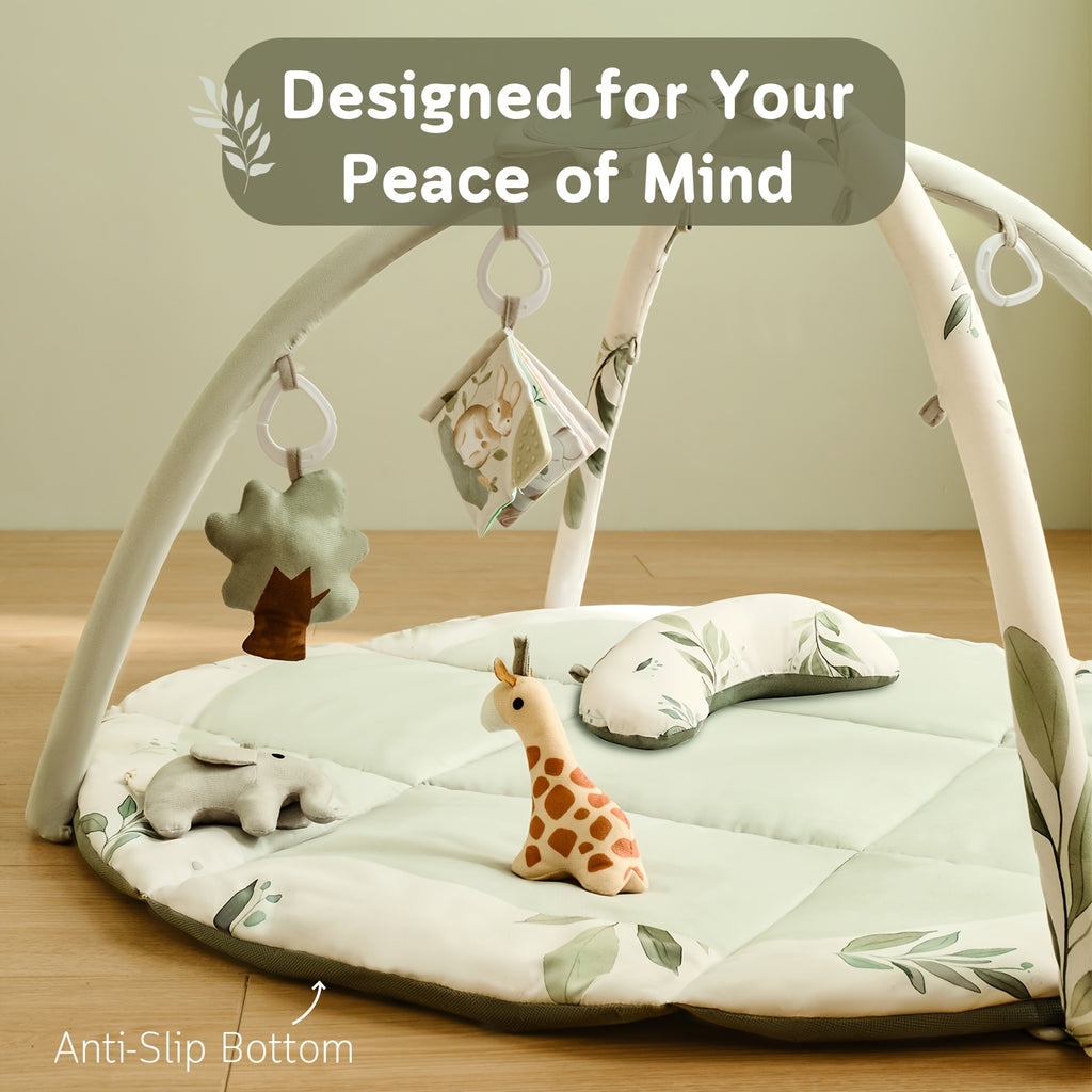 Fortella Baby Play Gym & Activity Mat, Tummy Time Mat w 5 Detachable Toys and Pillow, Large Sensory Playmat for Floor, Newborn Infant Baby Essentials Shower Gift 0-3-6-9-12 Months (Sage Green)