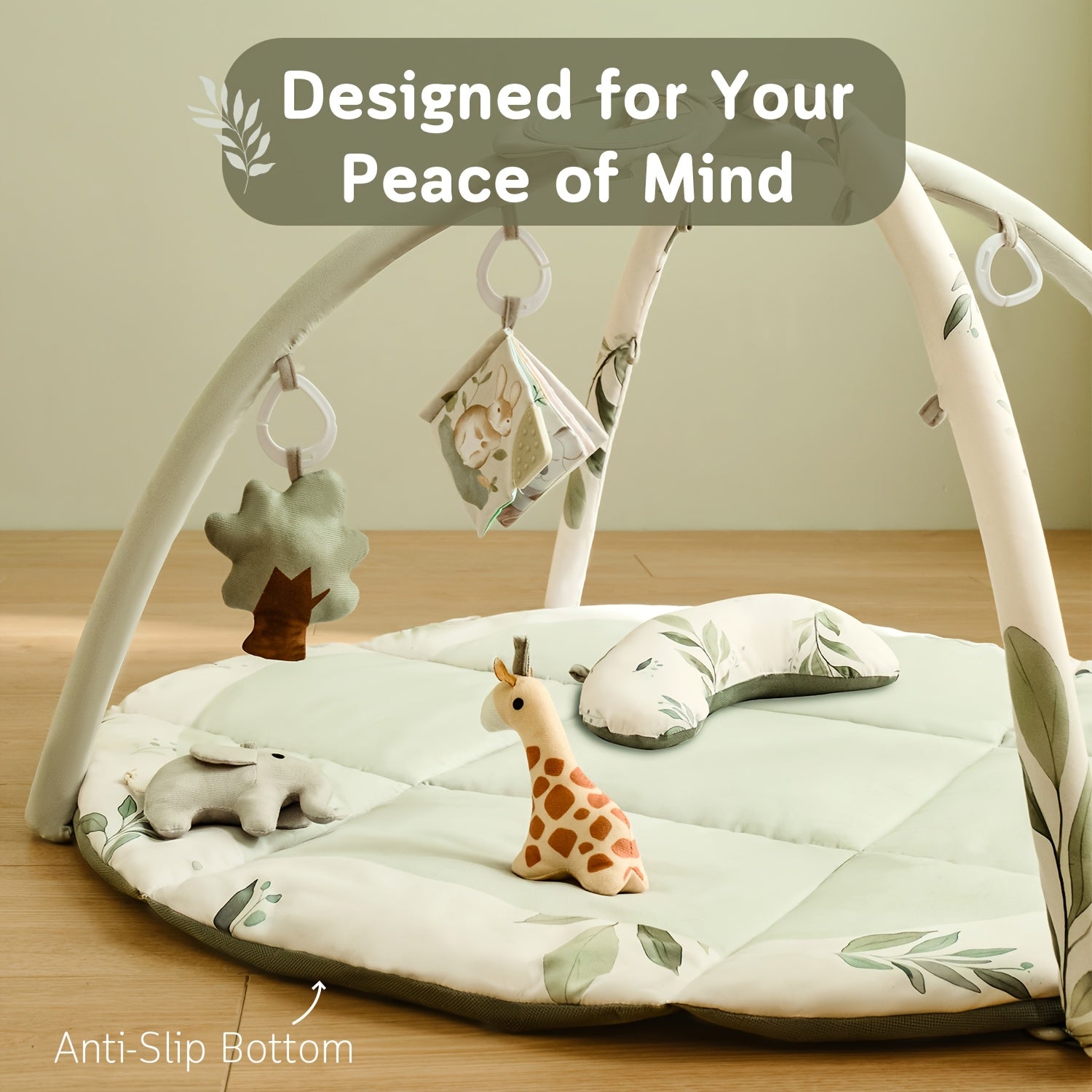 Fortella Baby Play Gym & Activity Mat, Tummy Time Mat w 5 Detachable Toys and Pillow, Large Sensory Playmat for Floor, Newborn Infant Baby Essentials Shower Gift 0-3-6-9-12 Months (Sage Green)