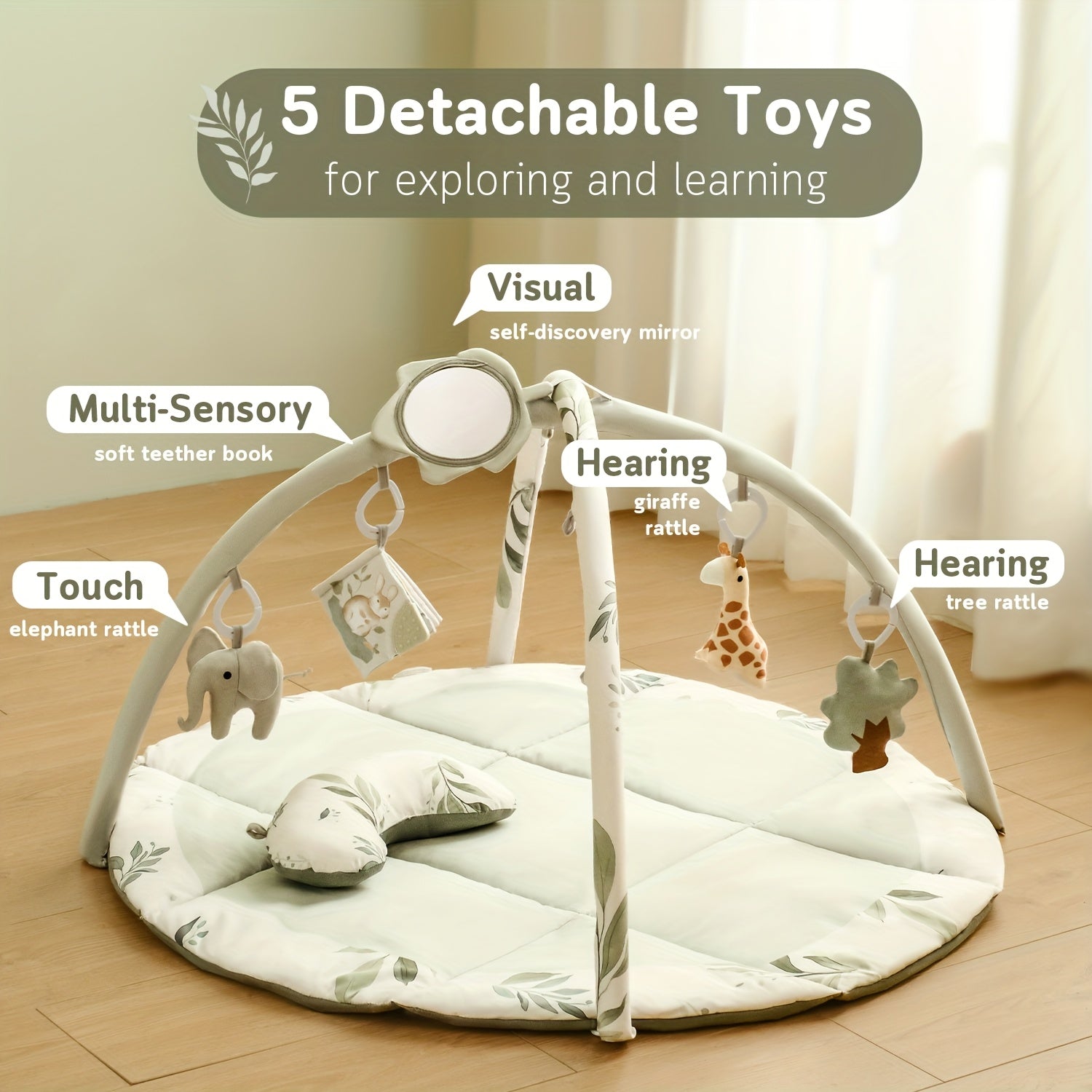Fortella Baby Play Gym & Activity Mat, Tummy Time Mat w 5 Detachable Toys and Pillow, Large Sensory Playmat for Floor, Newborn Infant Baby Essentials Shower Gift 0-3-6-9-12 Months (Sage Green)