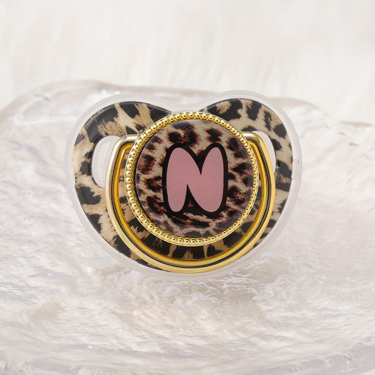 Golden Leopard Print Letter Pacifier with Dust-Proof Lid - Soft Silicone, Phthalate-Free, Safe & Comfortable Baby Teether for Boys & Girls - Multiple Alphabet Choices, Ideal Infant Gift, Toddler Pacifier, Playful Baby Accessory, Phthalatefree Pacifier