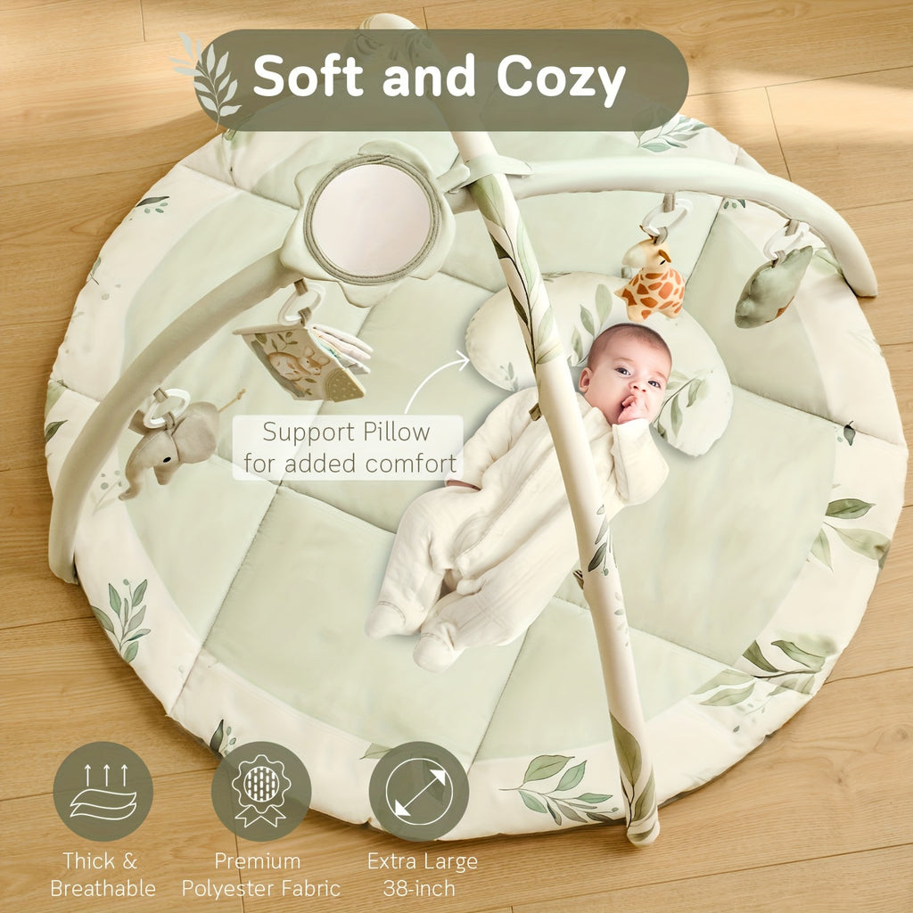 Fortella Baby Play Gym & Activity Mat, Tummy Time Mat w 5 Detachable Toys and Pillow, Large Sensory Playmat for Floor, Newborn Infant Baby Essentials Shower Gift 0-3-6-9-12 Months (Sage Green)