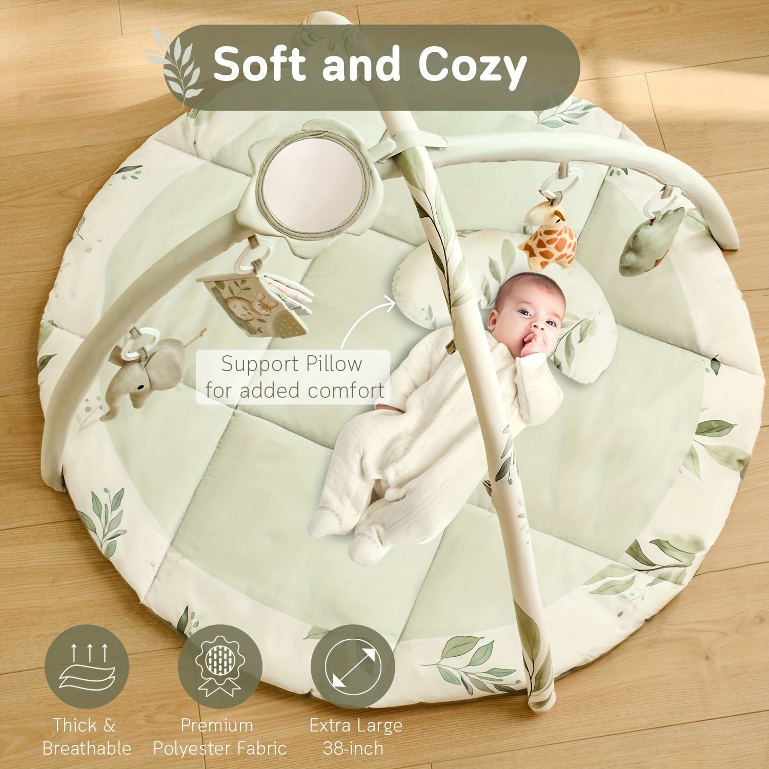 Fortella Baby Play Gym & Activity Mat, Tummy Time Mat w 5 Detachable Toys and Pillow, Large Sensory Playmat for Floor, Newborn Infant Baby Essentials Shower Gift 0-3-6-9-12 Months (Sage Green)