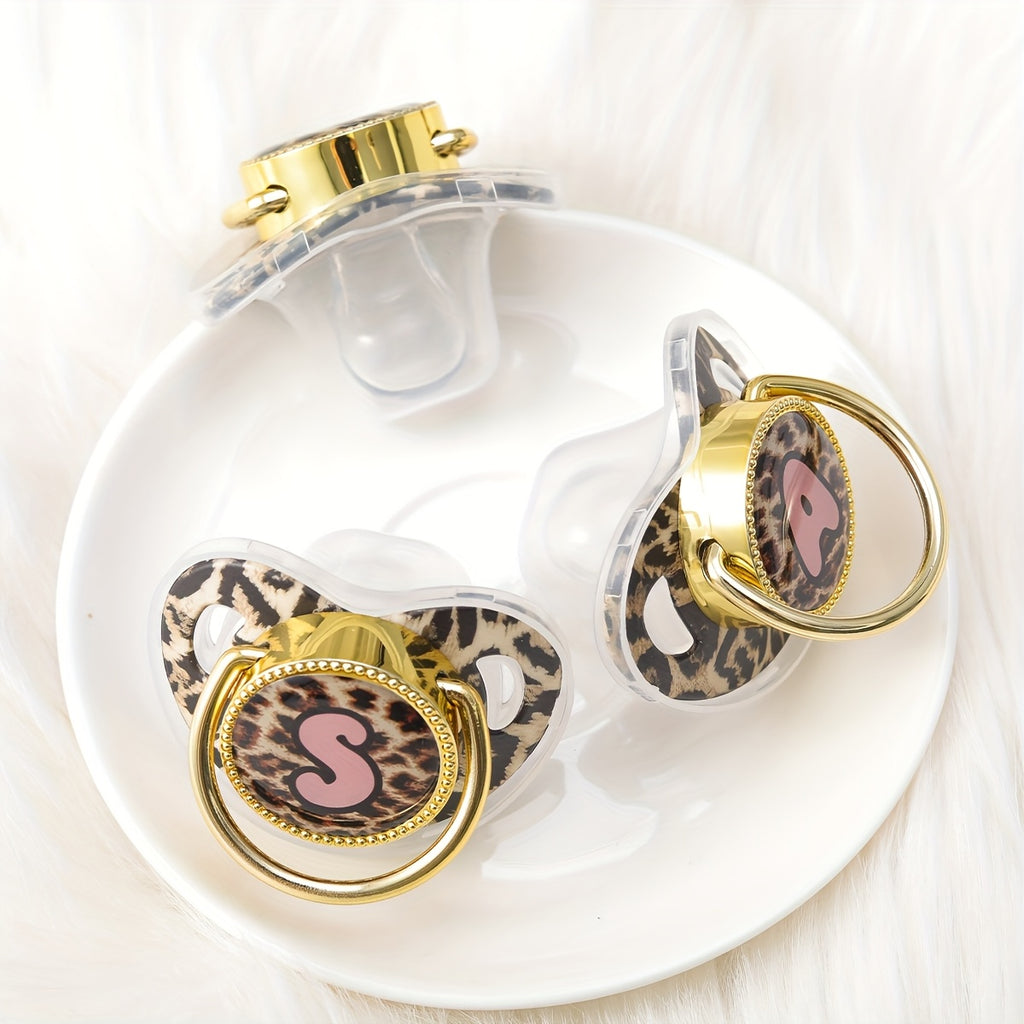 Golden Leopard Print Letter Pacifier with Dust-Proof Lid - Soft Silicone, Phthalate-Free, Safe & Comfortable Baby Teether for Boys & Girls - Multiple Alphabet Choices, Ideal Infant Gift, Toddler Pacifier, Playful Baby Accessory, Phthalatefree Pacifier