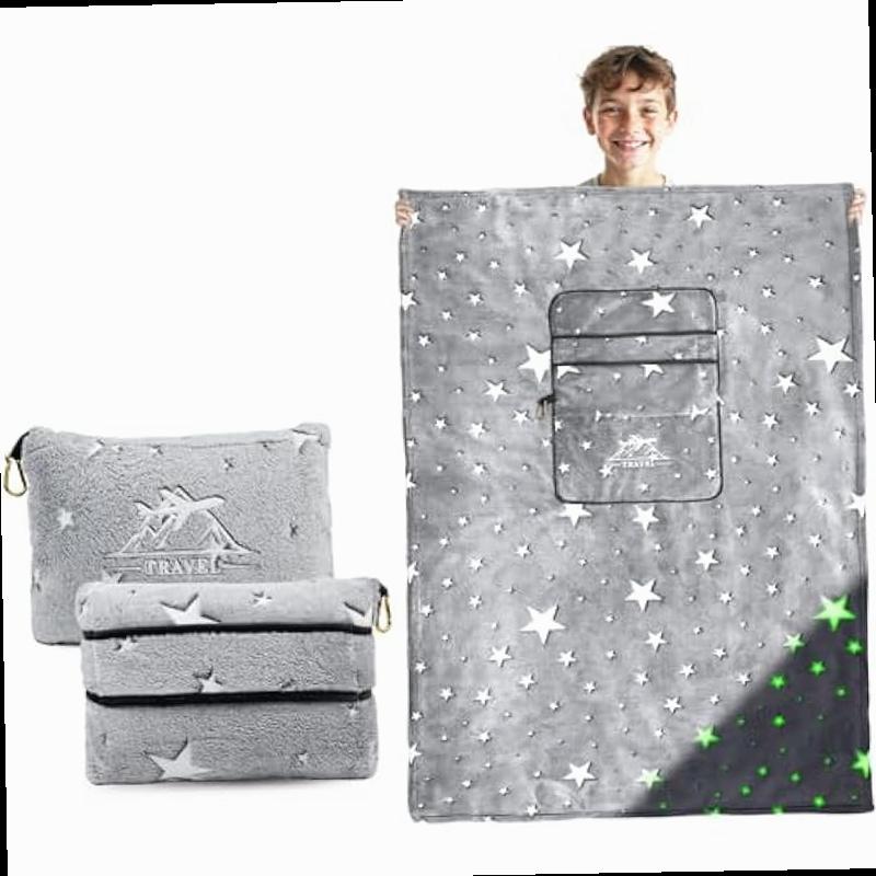 2 in 1 Travel Blanket Pillow Airplane Set Small Travel Blanket and Pillow Set Airplane Compact for Kids Glow in The Dark Space Star Blanket Birthday Gifts for Kids Boys Girls 40 60 Inches