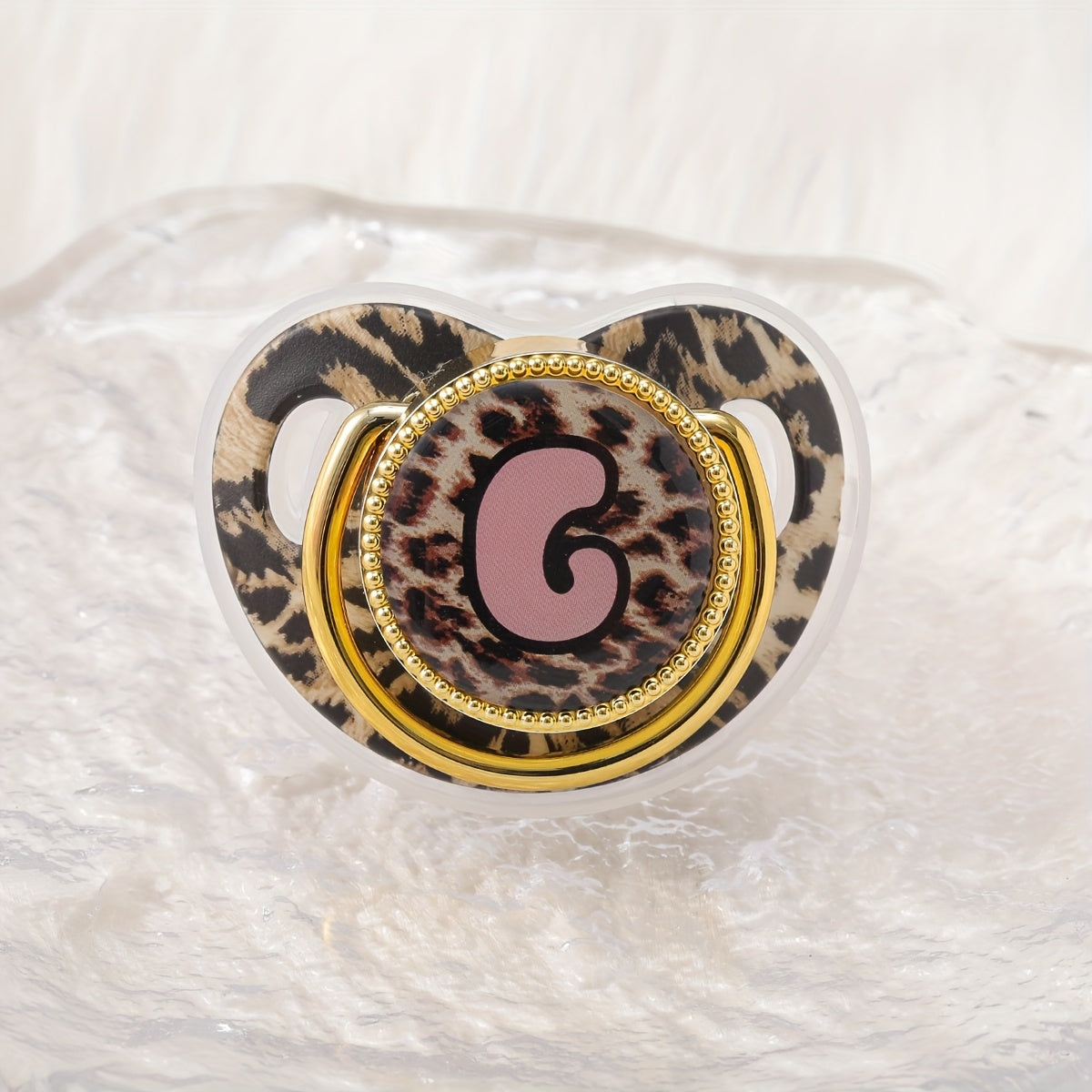 Golden Leopard Print Letter Pacifier with Dust-Proof Lid - Soft Silicone, Phthalate-Free, Safe & Comfortable Baby Teether for Boys & Girls - Multiple Alphabet Choices, Ideal Infant Gift, Toddler Pacifier, Playful Baby Accessory, Phthalatefree Pacifier