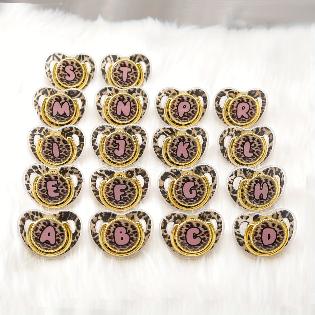 Golden Leopard Print Letter Pacifier with Dust-Proof Lid - Soft Silicone, Phthalate-Free, Safe & Comfortable Baby Teether for Boys & Girls - Multiple Alphabet Choices, Ideal Infant Gift, Toddler Pacifier, Playful Baby Accessory, Phthalatefree Pacifier