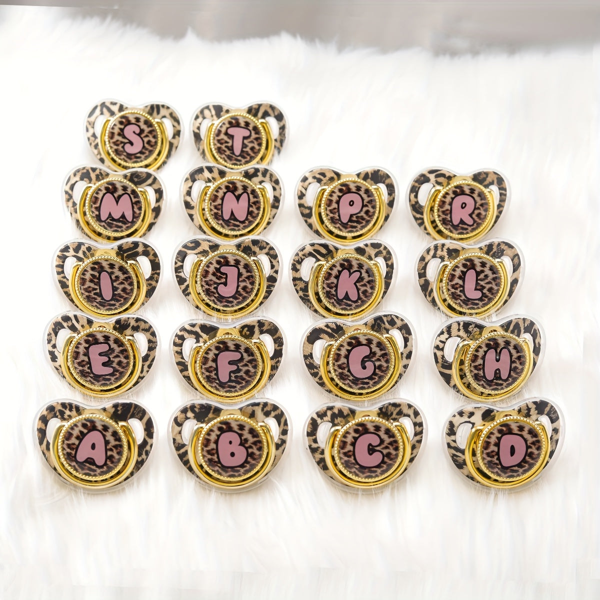 Golden Leopard Print Letter Pacifier with Dust-Proof Lid - Soft Silicone, Phthalate-Free, Safe & Comfortable Baby Teether for Boys & Girls - Multiple Alphabet Choices, Ideal Infant Gift, Toddler Pacifier, Playful Baby Accessory, Phthalatefree Pacifier