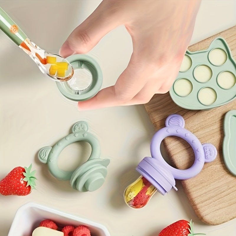 1pc Food Grade Silicone Teether & Fruit Vegetable Feeder with 3 Size Mesh Bags - Soft Chewable Complementary Food Kit, Christmas Halloween Gift (Pink Purple Blue), Feeding Tool, Babyfriendly Design, Nontoxic Material, New Parents, Moms