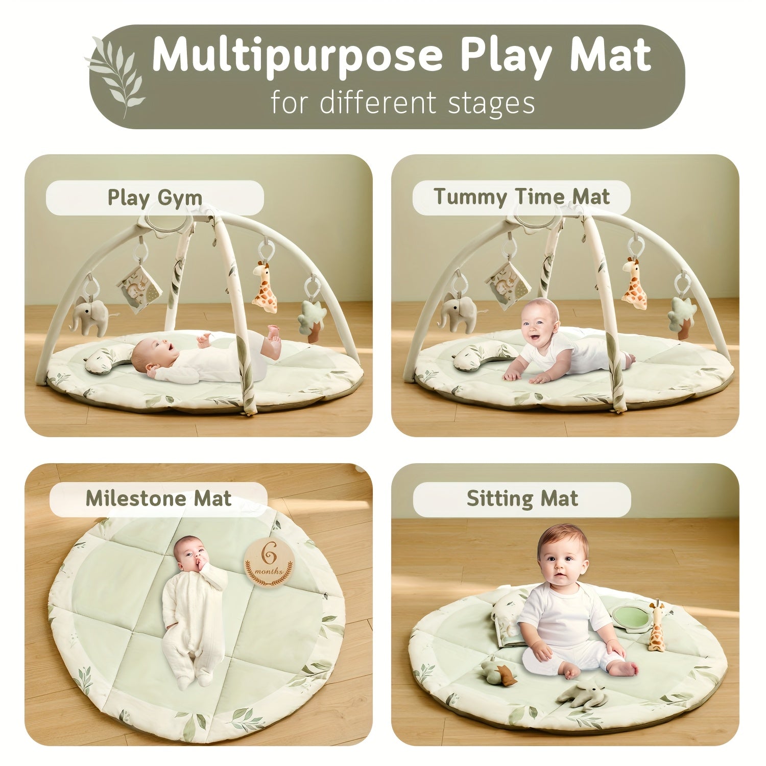 Fortella Baby Play Gym & Activity Mat, Tummy Time Mat w 5 Detachable Toys and Pillow, Large Sensory Playmat for Floor, Newborn Infant Baby Essentials Shower Gift 0-3-6-9-12 Months (Sage Green)