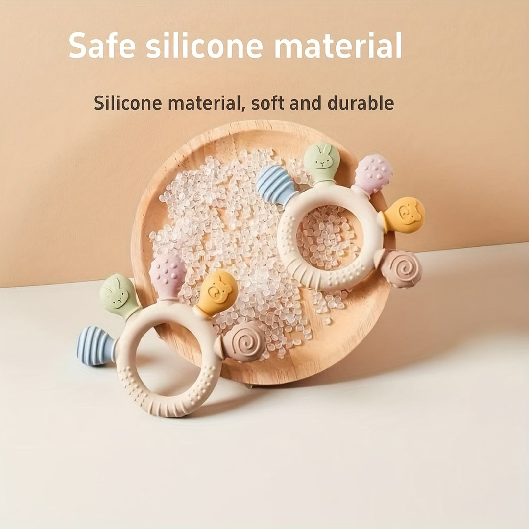 1pc Children's Hand-held Teething Toy, Cartoon Colored Animal Teether, Children's Silicone Teether, Children's Birthday Gift, Christmas And Halloween Gift