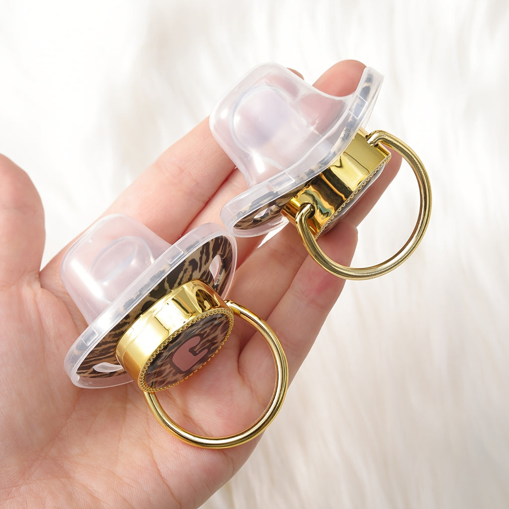 Golden Leopard Print Letter Pacifier with Dust-Proof Lid - Soft Silicone, Phthalate-Free, Safe & Comfortable Baby Teether for Boys & Girls - Multiple Alphabet Choices, Ideal Infant Gift, Toddler Pacifier, Playful Baby Accessory, Phthalatefree Pacifier