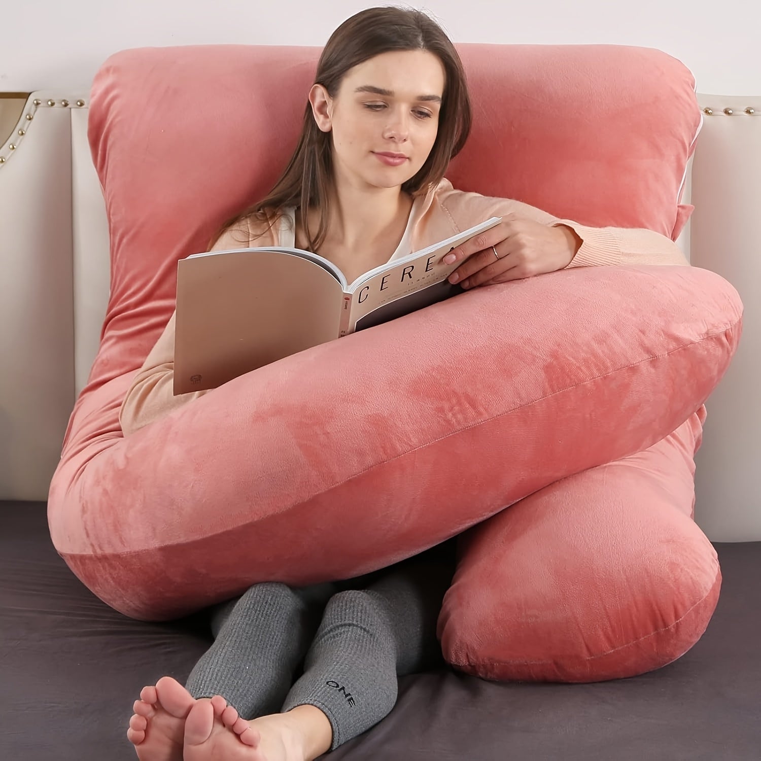 Velvet Gray Maternity Pillow J-Shape Full Body Sleep Pillow With Velvet Cover, 60-Inch Maternity Pillow, Provides Back, Leg, And Abdominal Support For Pregnant Women, Christmas Gift