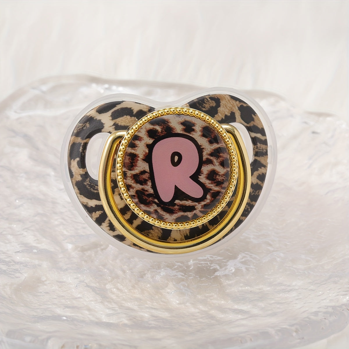 Golden Leopard Print Letter Pacifier with Dust-Proof Lid - Soft Silicone, Phthalate-Free, Safe & Comfortable Baby Teether for Boys & Girls - Multiple Alphabet Choices, Ideal Infant Gift, Toddler Pacifier, Playful Baby Accessory, Phthalatefree Pacifier