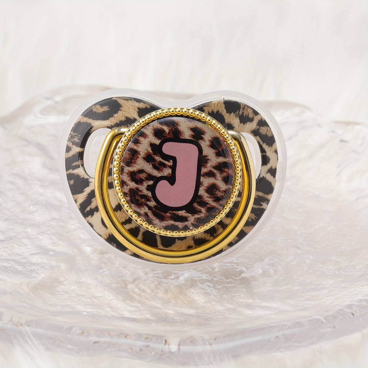 Golden Leopard Print Letter Pacifier with Dust-Proof Lid - Soft Silicone, Phthalate-Free, Safe & Comfortable Baby Teether for Boys & Girls - Multiple Alphabet Choices, Ideal Infant Gift, Toddler Pacifier, Playful Baby Accessory, Phthalatefree Pacifier