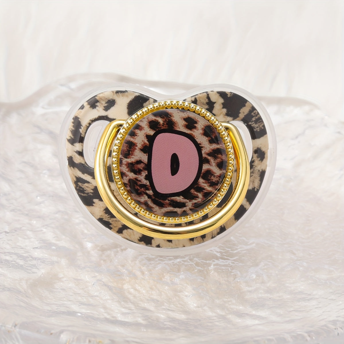 Golden Leopard Print Letter Pacifier with Dust-Proof Lid - Soft Silicone, Phthalate-Free, Safe & Comfortable Baby Teether for Boys & Girls - Multiple Alphabet Choices, Ideal Infant Gift, Toddler Pacifier, Playful Baby Accessory, Phthalatefree Pacifier