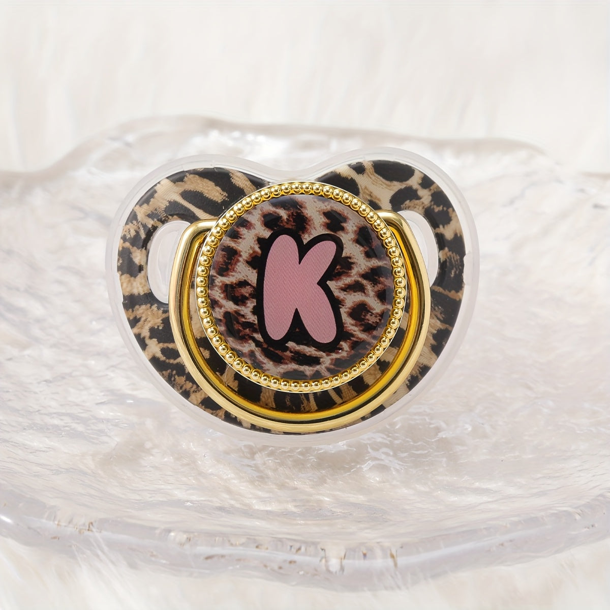 Golden Leopard Print Letter Pacifier with Dust-Proof Lid - Soft Silicone, Phthalate-Free, Safe & Comfortable Baby Teether for Boys & Girls - Multiple Alphabet Choices, Ideal Infant Gift, Toddler Pacifier, Playful Baby Accessory, Phthalatefree Pacifier