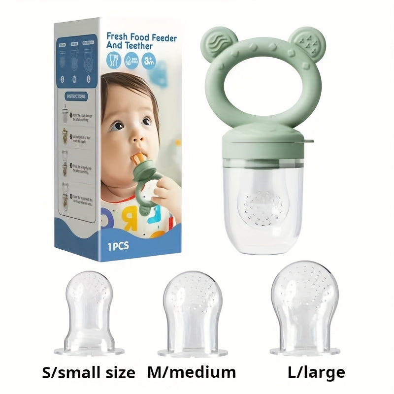 1pc Food Grade Silicone Teether & Fruit Vegetable Feeder with 3 Size Mesh Bags - Soft Chewable Complementary Food Kit, Christmas Halloween Gift (Pink Purple Blue), Feeding Tool, Babyfriendly Design, Nontoxic Material, New Parents, Moms