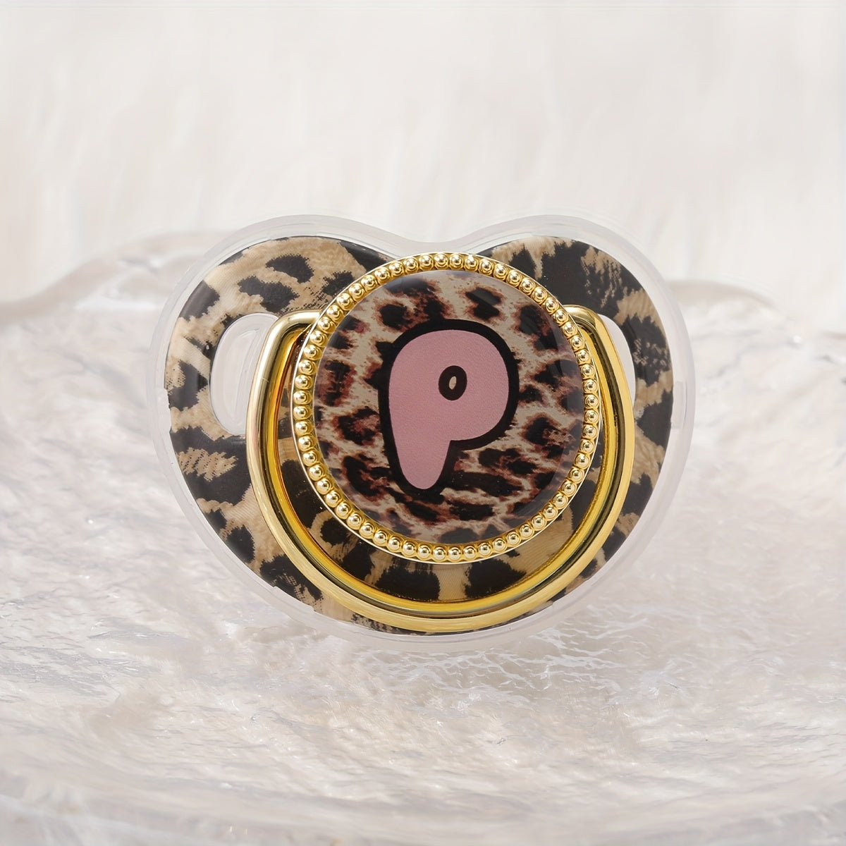 Golden Leopard Print Letter Pacifier with Dust-Proof Lid - Soft Silicone, Phthalate-Free, Safe & Comfortable Baby Teether for Boys & Girls - Multiple Alphabet Choices, Ideal Infant Gift, Toddler Pacifier, Playful Baby Accessory, Phthalatefree Pacifier