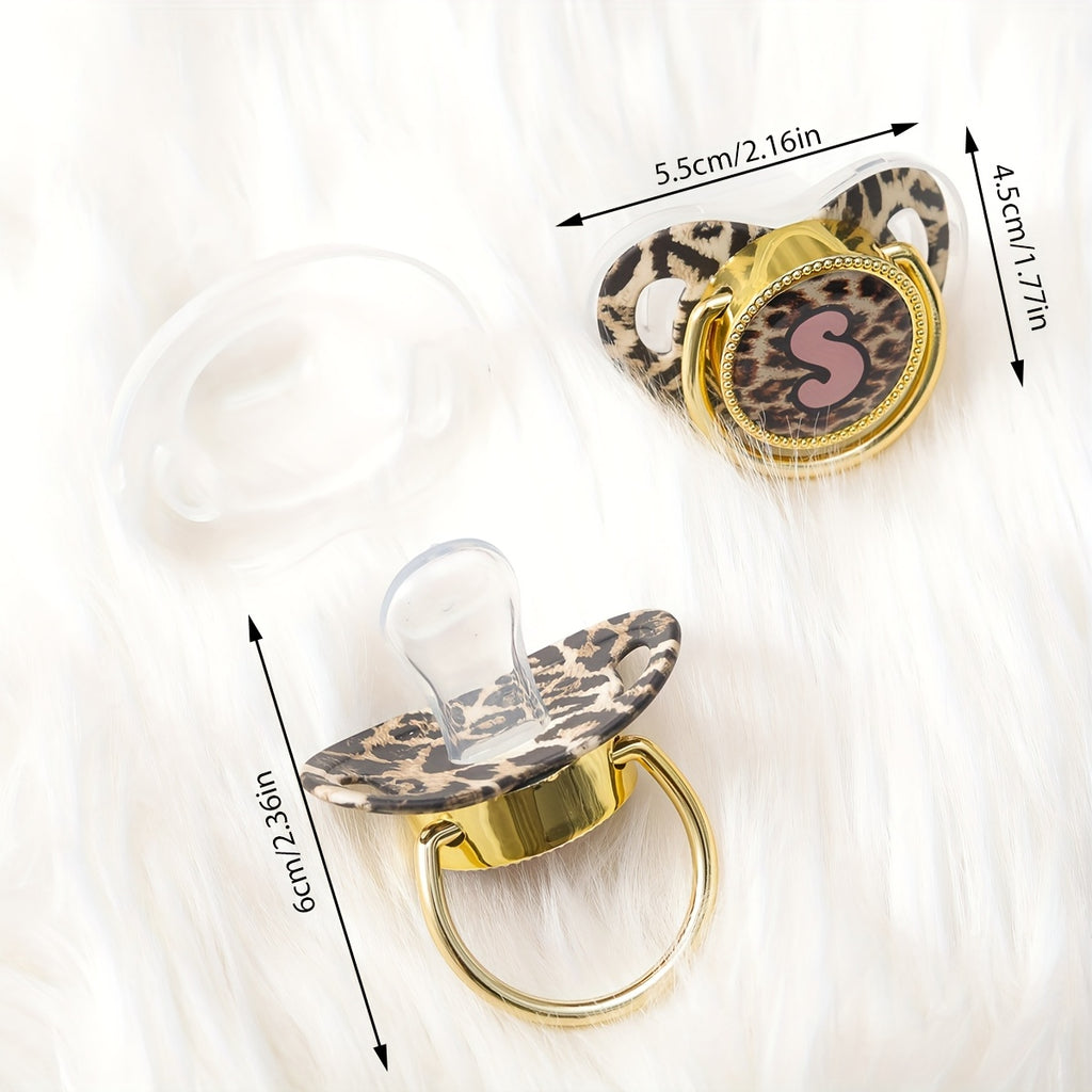 Golden Leopard Print Letter Pacifier with Dust-Proof Lid - Soft Silicone, Phthalate-Free, Safe & Comfortable Baby Teether for Boys & Girls - Multiple Alphabet Choices, Ideal Infant Gift, Toddler Pacifier, Playful Baby Accessory, Phthalatefree Pacifier