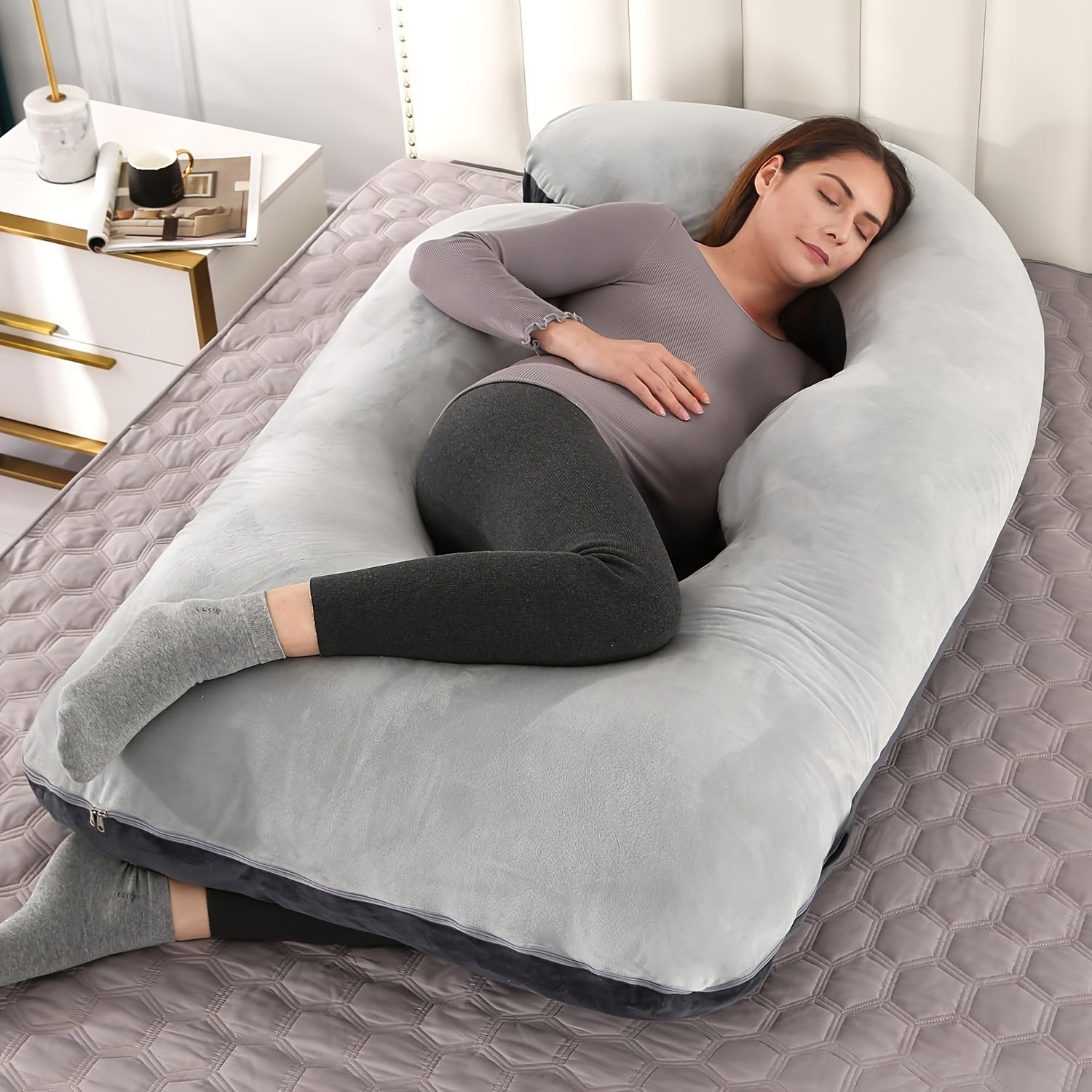 Velvet Gray Maternity Pillow J-Shape Full Body Sleep Pillow With Velvet Cover, 60-Inch Maternity Pillow, Provides Back, Leg, And Abdominal Support For Pregnant Women, Christmas Gift