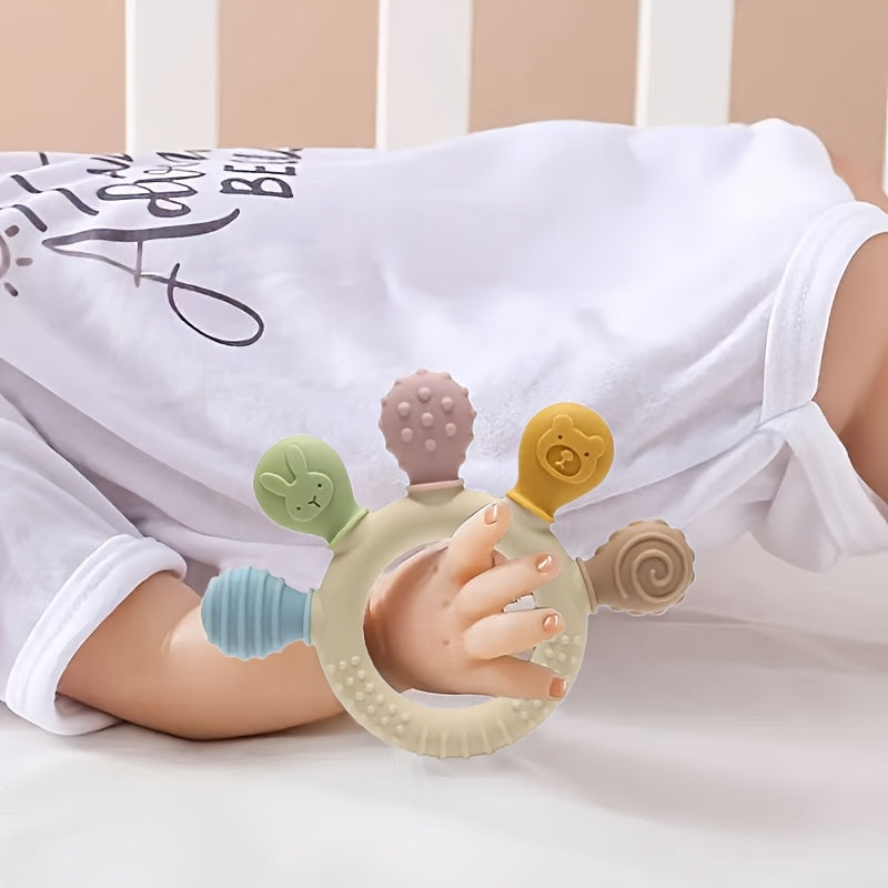 1pc Children's Hand-held Teething Toy, Cartoon Colored Animal Teether, Children's Silicone Teether, Children's Birthday Gift, Christmas And Halloween Gift