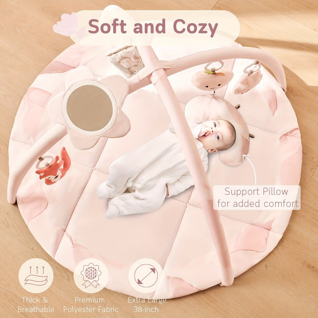 Fortella Baby Play Gym & Activity Mat, Tummy Time Mat w 5 Detachable Toys and Pillow, Large Sensory Playmat for Floor, Newborn Infant Baby Essentials Shower Gift 0-3-6-9-12 Months (Sage Green)