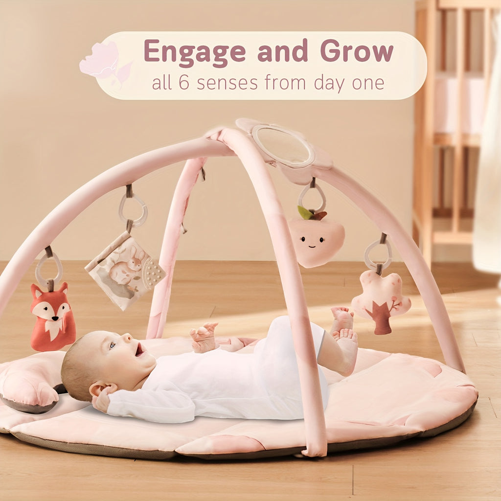 Fortella Baby Play Gym & Activity Mat, Tummy Time Mat w 5 Detachable Toys and Pillow, Large Sensory Playmat for Floor, Newborn Infant Baby Essentials Shower Gift 0-3-6-9-12 Months (Sage Green)