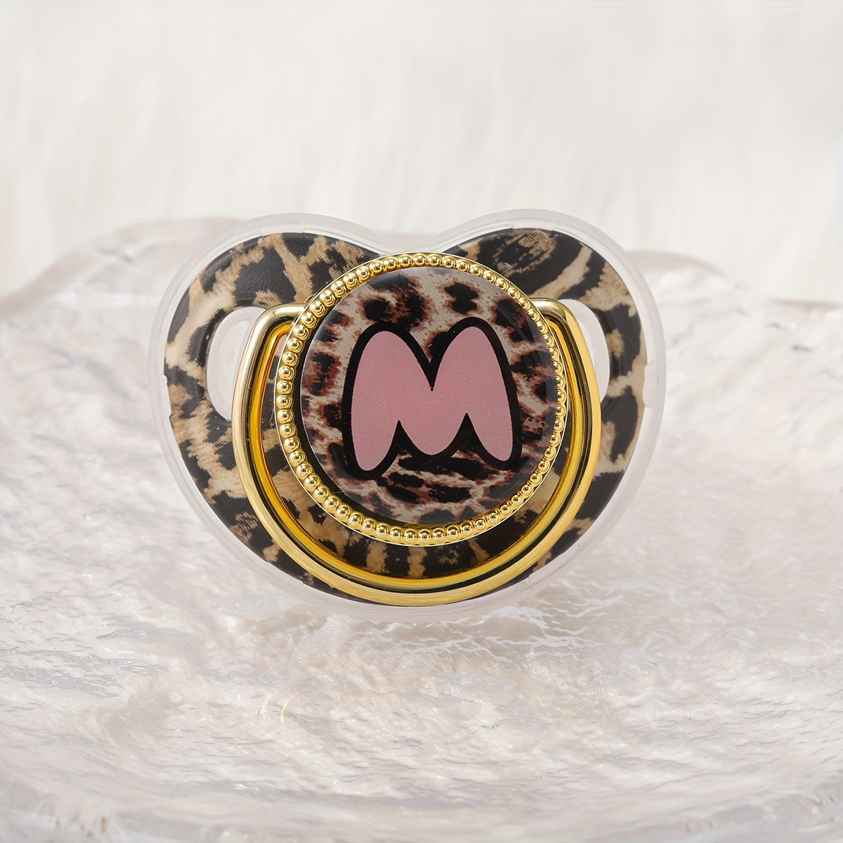 Golden Leopard Print Letter Pacifier with Dust-Proof Lid - Soft Silicone, Phthalate-Free, Safe & Comfortable Baby Teether for Boys & Girls - Multiple Alphabet Choices, Ideal Infant Gift, Toddler Pacifier, Playful Baby Accessory, Phthalatefree Pacifier