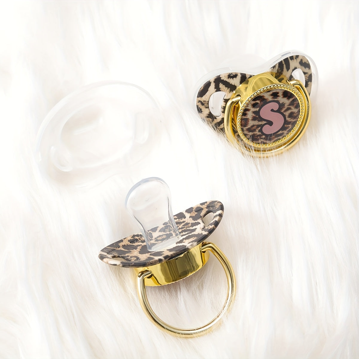 Golden Leopard Print Letter Pacifier with Dust-Proof Lid - Soft Silicone, Phthalate-Free, Safe & Comfortable Baby Teether for Boys & Girls - Multiple Alphabet Choices, Ideal Infant Gift, Toddler Pacifier, Playful Baby Accessory, Phthalatefree Pacifier