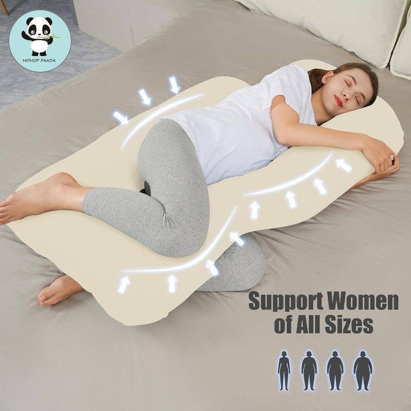 U - Shaped Pregnancy Pillow Sleeping - Full Body Maternity Support Pillow with Cooling Removable Cover - Comfort Back, HIPS, Belly - 57 Inch Pregnant Women, Ivory