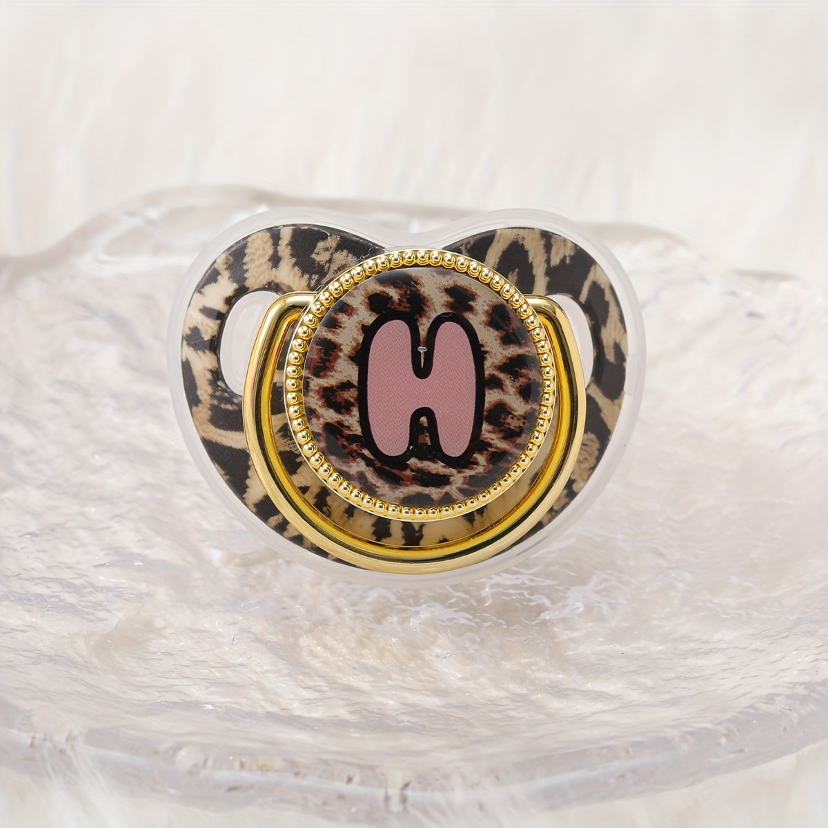 Golden Leopard Print Letter Pacifier with Dust-Proof Lid - Soft Silicone, Phthalate-Free, Safe & Comfortable Baby Teether for Boys & Girls - Multiple Alphabet Choices, Ideal Infant Gift, Toddler Pacifier, Playful Baby Accessory, Phthalatefree Pacifier